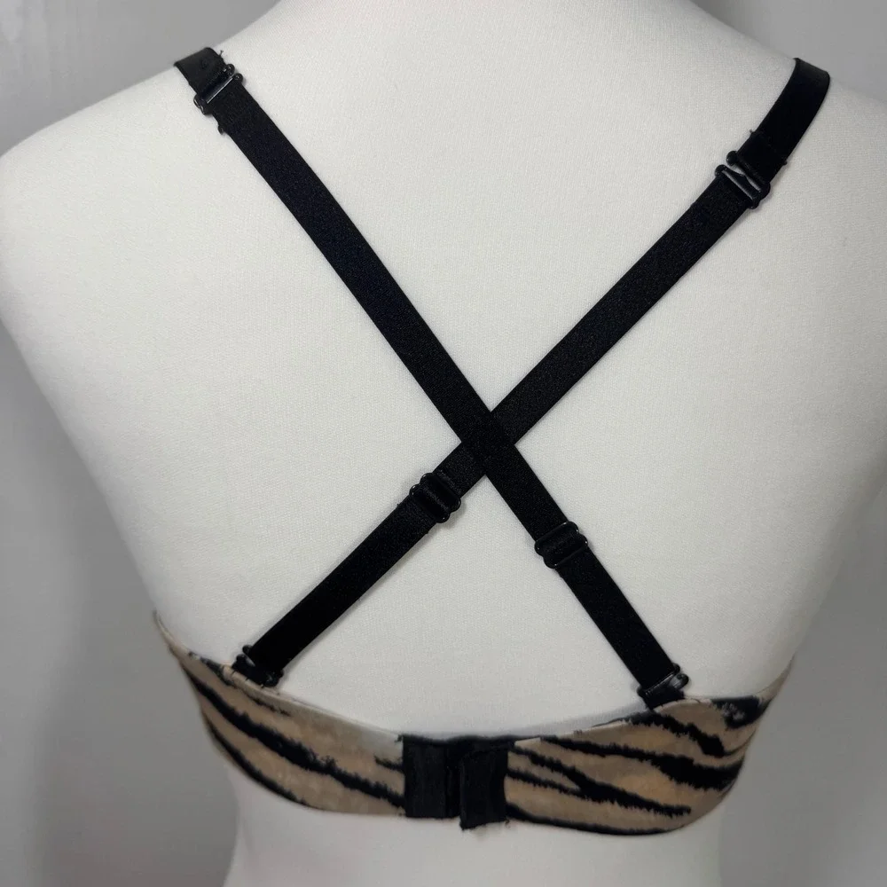 Victoria's Secret Push Up Bra 34D Beige Black Zebra Print Rhinestone‎ Detail